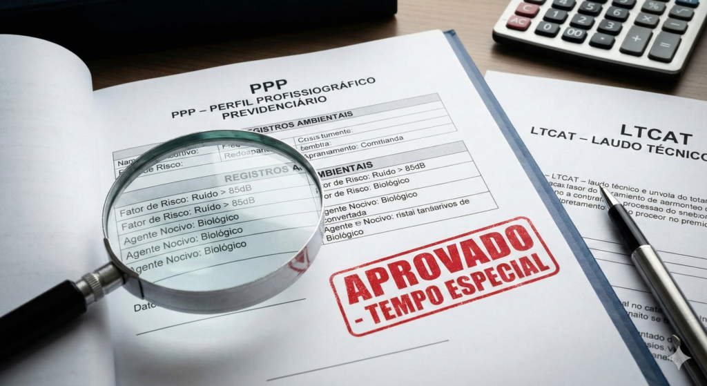 Close-up em documentos sobre uma mesa. Uma lupa está sobre um formulário PPP, destacando as linhas "Fator de Risco: Ruído" e "Agente Nocivo: Biológico". Ao lado, uma caneta e um carimbo vermelho grande escrito "APROVADO - TEMPO ESPECIAL".