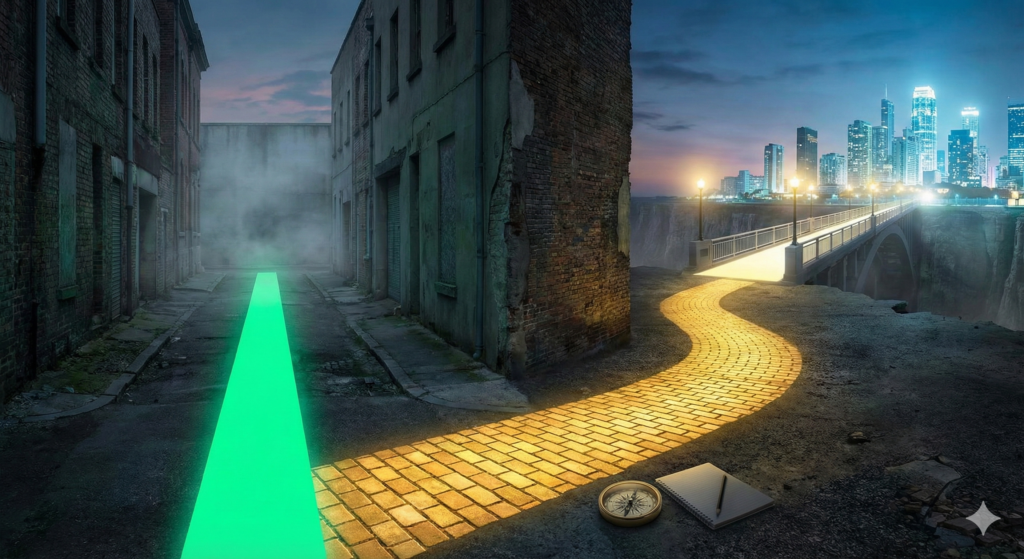 Estrada dividida em duas. Um caminho é uma faixa verde neon reta que leva a um beco sem saída com neblina. O outro é uma estrada de tijolos dourados curvada e iluminada, levando a uma cidade próspera e brilhante.