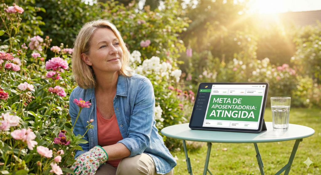 Mulher de meia-idade sorrindo, agachada em um jardim florido num dia de sol. Ao lado dela, em uma mesa, um tablet exibe um gráfico financeiro verde com o texto: "META DE APOSENTADORIA: ATINGIDA".