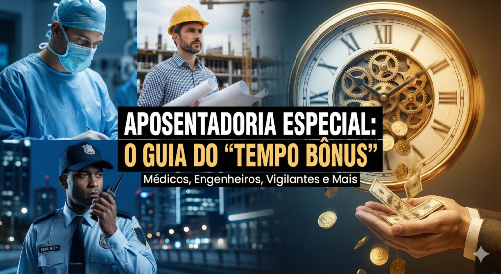 Capa do artigo. Do lado esquerdo, rosto de um médico, um engenheiro civil e um vigilante uniformizado. Do lado direito, um relógio dourado em movimento liberando moedas e notas. Ao centro, o título em destaque: "Aposentadoria Especial: O Guia do Tempo Bônus".