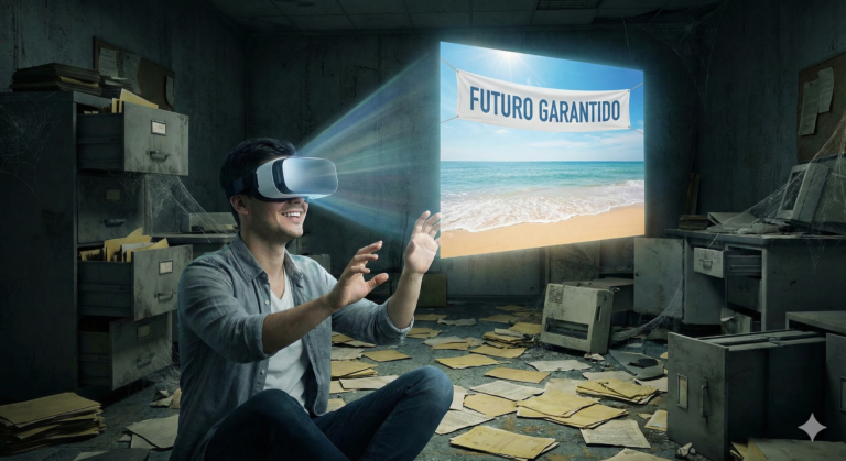 Homem sorrindo usando óculos de realidade virtual, vendo uma projeção de praia com a faixa "Futuro Garantido", enquanto está sentado no chão de um escritório abandonado, sujo e cheio de papéis velhos e teias de aranha.