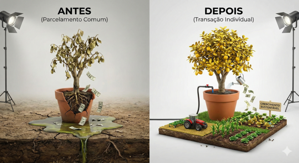 Comparativo Antes e Depois. Esquerda: Planta morrendo em vaso quebrado vazando dinheiro (Parcelamento Comum). Direita: Árvore dourada frutífera sendo irrigada (Transação Individual).