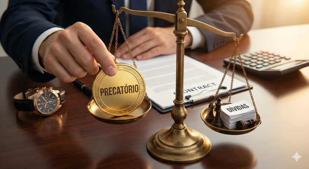 Balança da justiça equilibrada. De um lado, pilha de papéis de "Dívidas"; do outro, uma moeda de ouro grande escrito "Precatório" sendo colocada para quitar o peso.