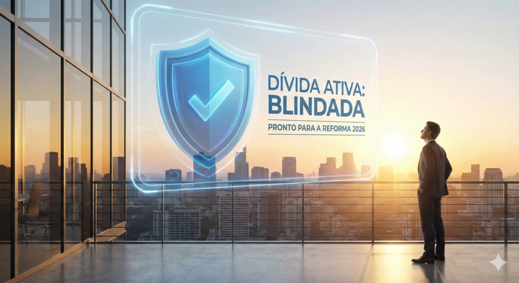 Empresário observando o horizonte de uma cidade futurista. Um escudo digital azul protege a operação com os textos "Dívida Ativa Blindada" e "Pronto para a Reforma 2026".