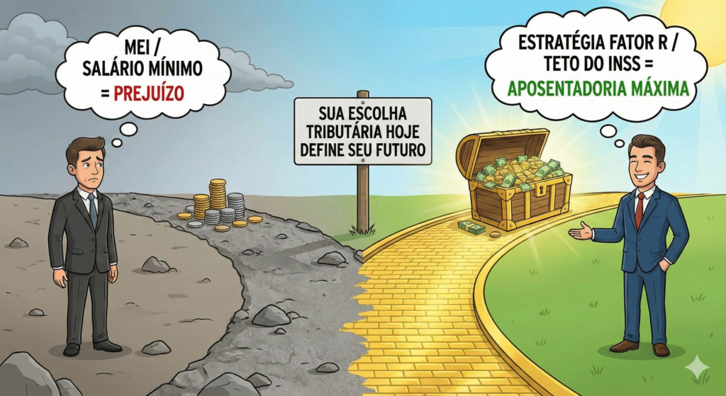 Ilustração de dois caminhos financeiros. À esquerda, um homem triste caminha em estrada de pedras com a placa "MEI / Salário Mínimo = Prejuízo". À direita, um homem feliz de terno caminha em estrada de ouro em direção a um baú de tesouro com a placa "Estratégia Fator R = Aposentadoria Máxima".