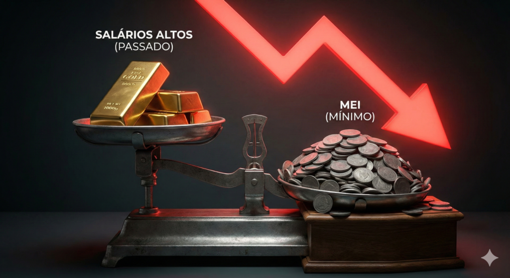 Balança desequilibrada comparando barras de ouro de salários altos do passado com pilhas de moedas do MEI, com seta vermelha de queda na média salarial.