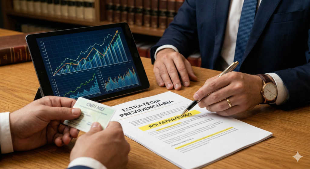 Close de reunião jurídica com tablet exibindo gráficos de crescimento, CNPJ MEI e documento de Estratégia Previdenciária com destaque em ROI Estratégico.