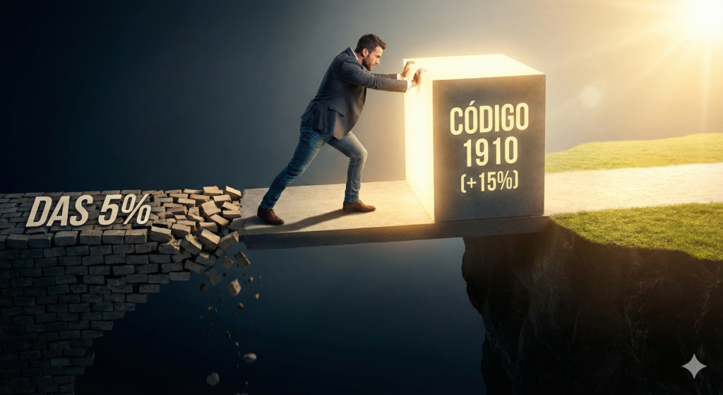 Empresário completando uma ponte sobre um abismo com um bloco luminoso escrito Código 1910 (+15%), unindo o DAS 5% ao futuro seguro.