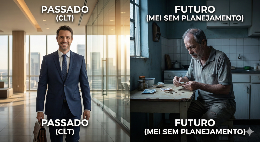 Imagem comparativa mostrando um executivo bem-sucedido no passado e um idoso contando moedas no futuro por falta de planejamento previdenciário.