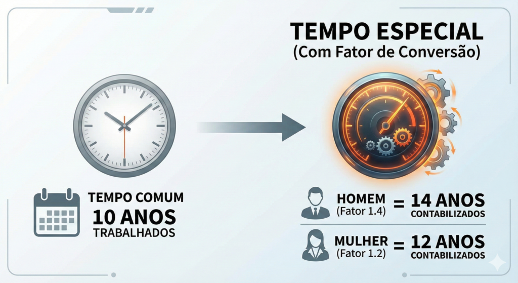 Infográfico explicativo sobre Fator de Conversão. À esquerda, um ícone de calendário marcando "10 Anos Comum". Uma seta aponta para a direita, passando por uma engrenagem brilhante, resultando em: "Homem (Fator 1.4) = 14 Anos" e "Mulher (Fator 1.2) = 12 Anos".