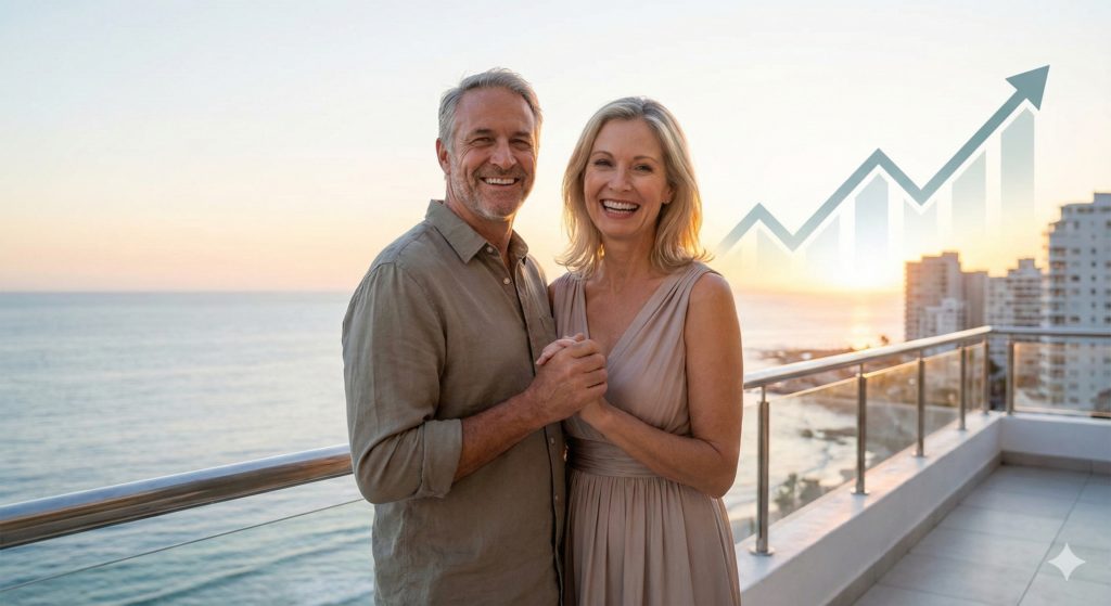 Casal maduro sorridente e abraçado em uma varanda de luxo com vista para o mar ao pôr do sol. No céu, uma ilustração translúcida de um gráfico financeiro com seta apontando para cima, simbolizando crescimento patrimonial.