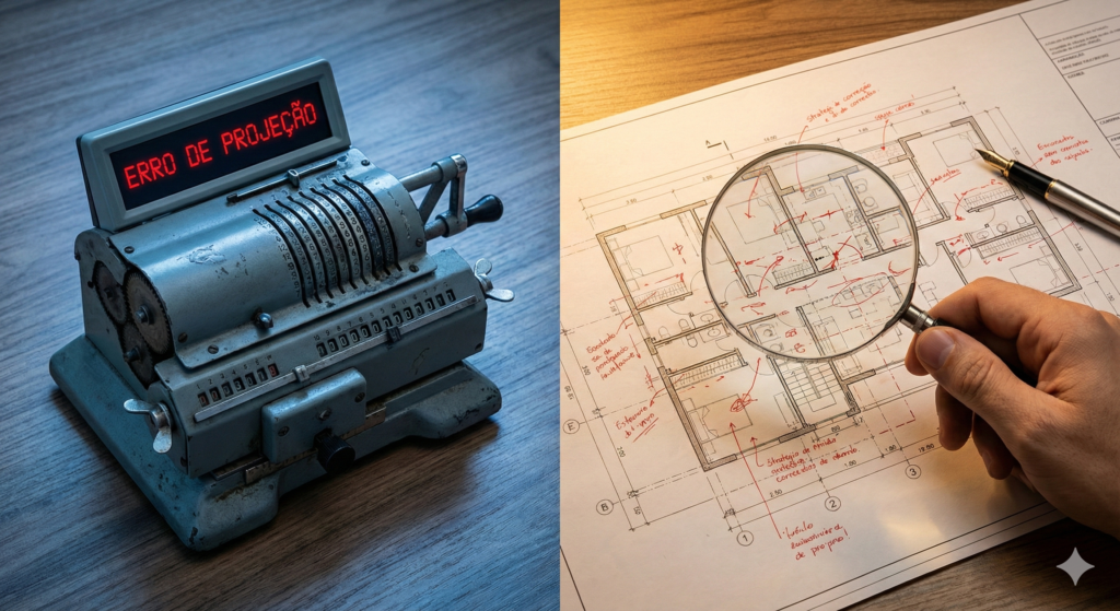 Comparação lado a lado. Na esquerda, uma calculadora mecânica antiga com luz azul e tela vermelha escrito "ERRO DE PROJEÇÃO". Na direita, mão segurando uma lupa sobre uma planta de arquitetura iluminada por luz dourada, analisando detalhes.