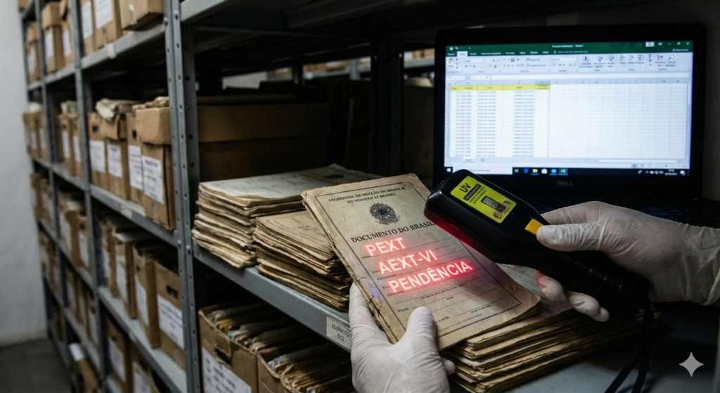 Mãos com luvas segurando um scanner de luz ultravioleta sobre uma Carteira de Trabalho antiga, revelando palavras ocultas em vermelho brilhante: "PEXT", "AEXT-VI", "PENDÊNCIA". Fundo com estantes de arquivos e computador.