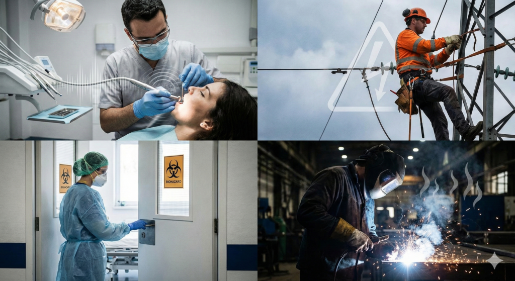 Colagem com quatro profissões de risco. 1: Dentista usando motorzinho com ondas sonoras ilustrando ruído. 2: Eletricista no alto de uma torre de alta tensão. 3: Enfermeira paramentada entrando em área de risco biológico. 4: Soldador industrial gerando faíscas e fumaça.