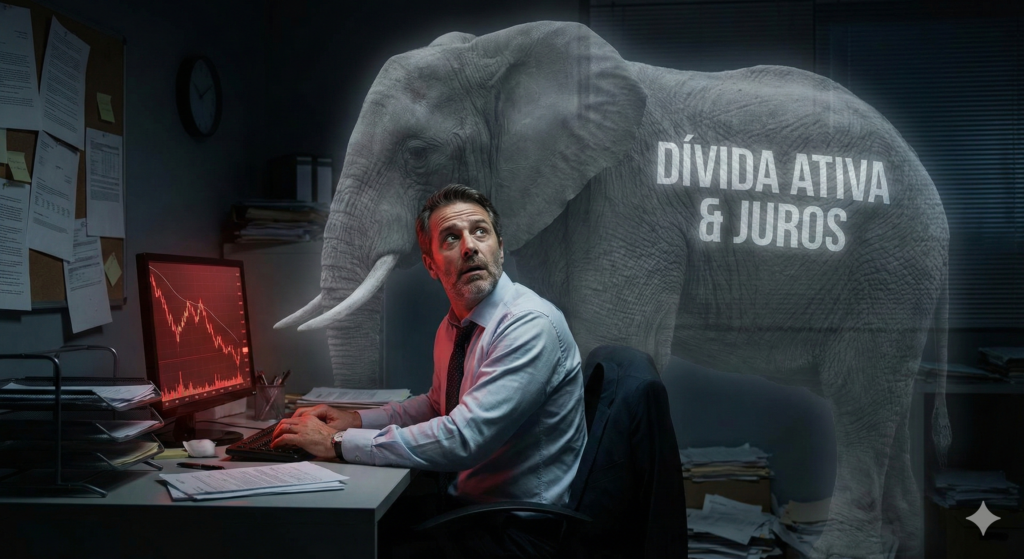 Empresário preocupado em seu escritório olhando gráficos de prejuízo, com um elefante translúcido atrás representando a Dívida Ativa e Juros.