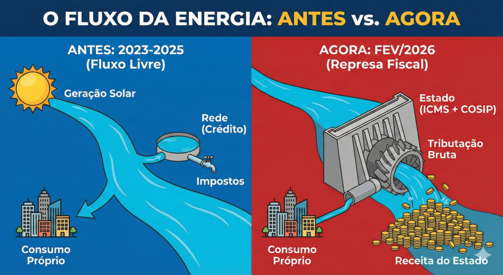 Infográfico explicando a cobrança de ICMS sobre energia injetada vs energia consumida e Lei 15.269.