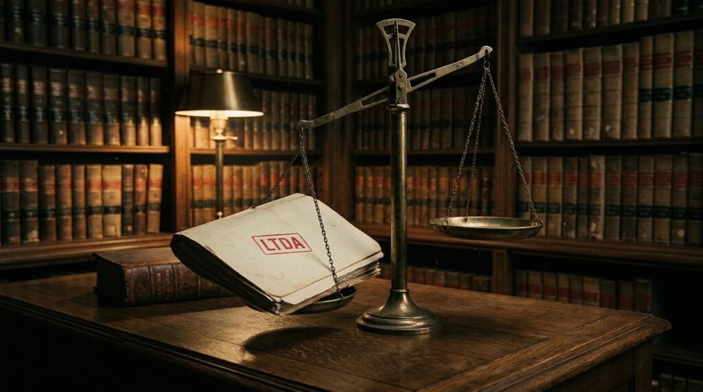 Balança de justiça antiga pendendo pesadamente para um lado devido a um documento com o carimbo vermelho escrito LTDA.