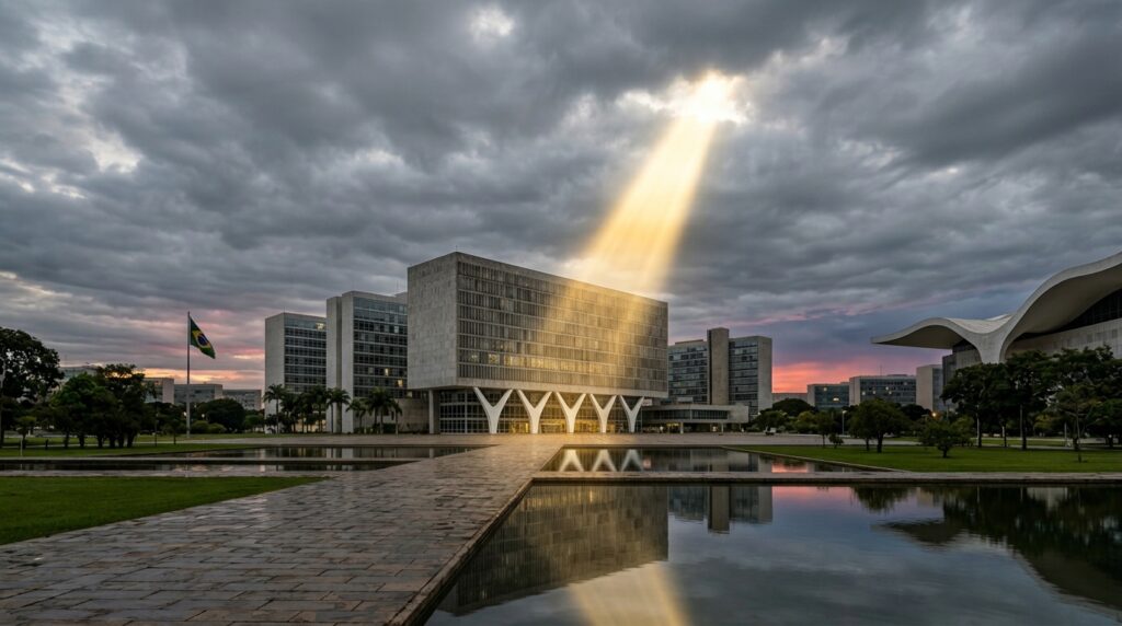 Prédio do Superior Tribunal de Justiça em Brasília iluminado por um forte raio de sol rompendo as nuvens cinzentas.