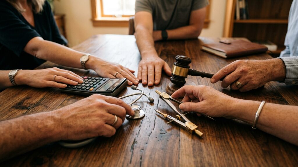 Quatro mãos unidas sobre uma mesa de madeira, cada uma segurando um instrumento: estetoscópio, compasso, martelo de juiz e calculadora.