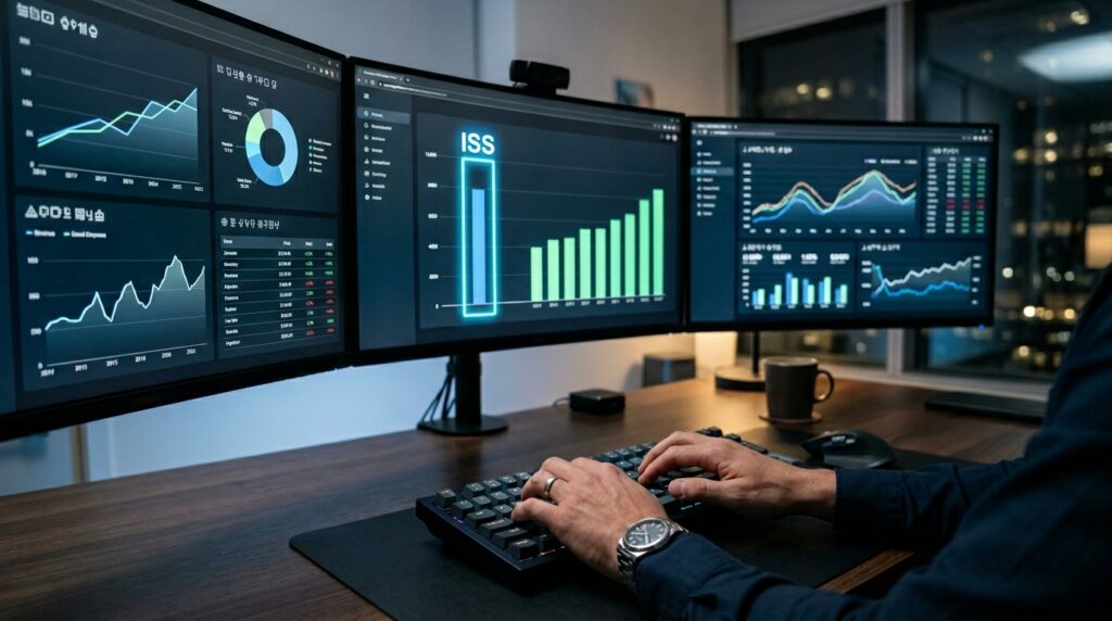 Mãos de um contador digitando em um teclado moderno com telas mostrando gráficos financeiros onde a barra com a sigla ISS se separa das demais.