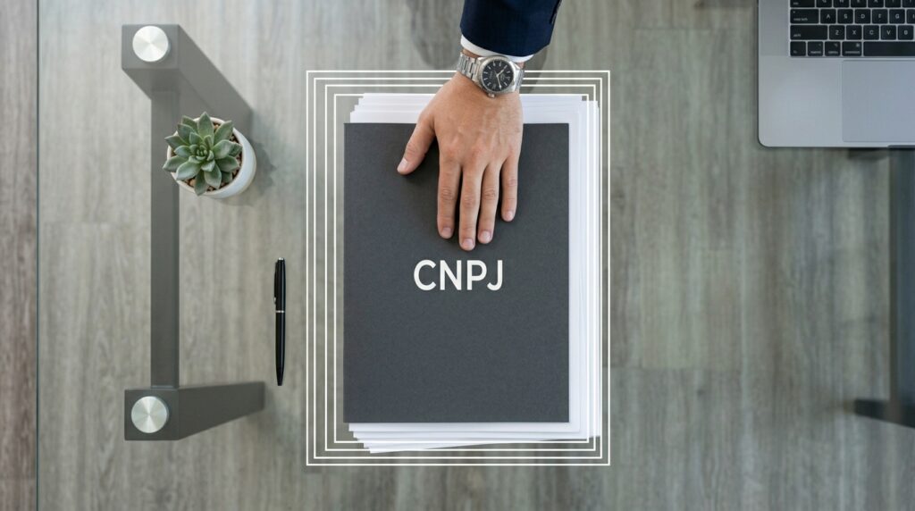 Pilha extremamente organizada de papéis corporativos sobre uma mesa de vidro, com a pasta superior exibindo a sigla CNPJ.