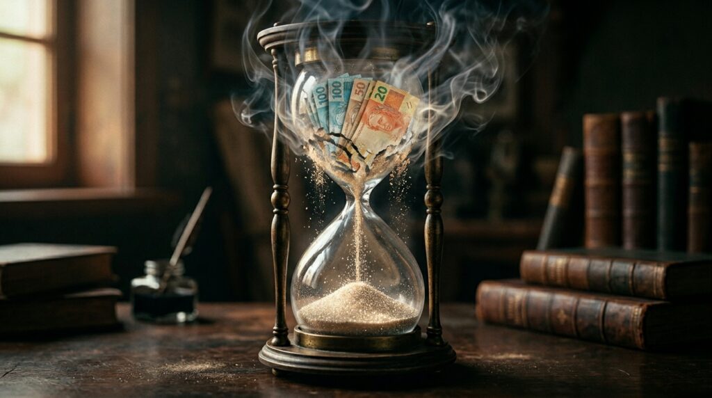 Ampulheta de vidro elegante onde notas de dinheiro na parte superior se transformam em areia caindo lentamente para a parte inferior.