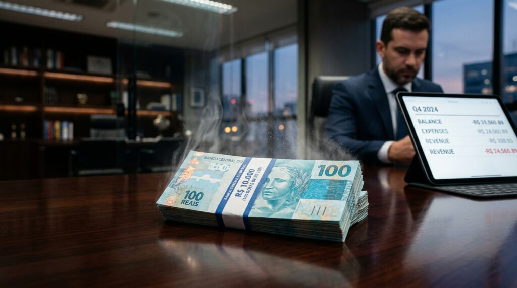 Pilha de notas de cem reais sobre uma mesa de madeira escura evaporando lentamente, simbolizando a perda invisível de dinheiro.