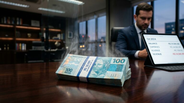 Pilha de notas de cem reais sobre uma mesa de madeira escura evaporando lentamente, simbolizando a perda invisível de dinheiro.