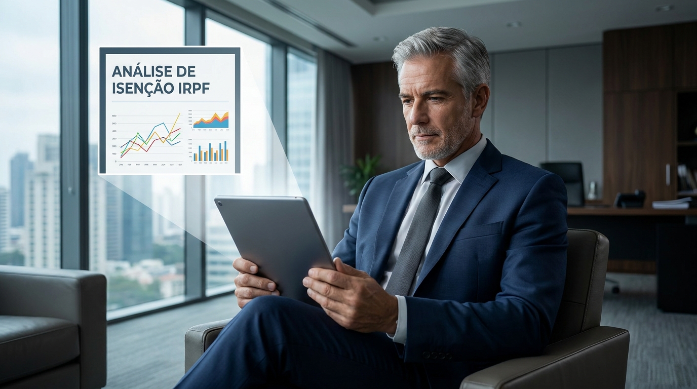 Executivo analisando gráfico financeiro no tablet para solicitar análise de isenção de IRPF.