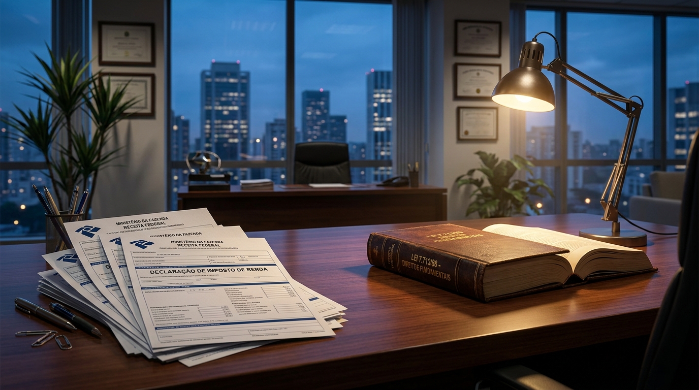 Contraste entre dezenas de formulários da Declaração de Imposto de Renda e o livro da Lei 7.713/88 iluminado sobre a mesa.