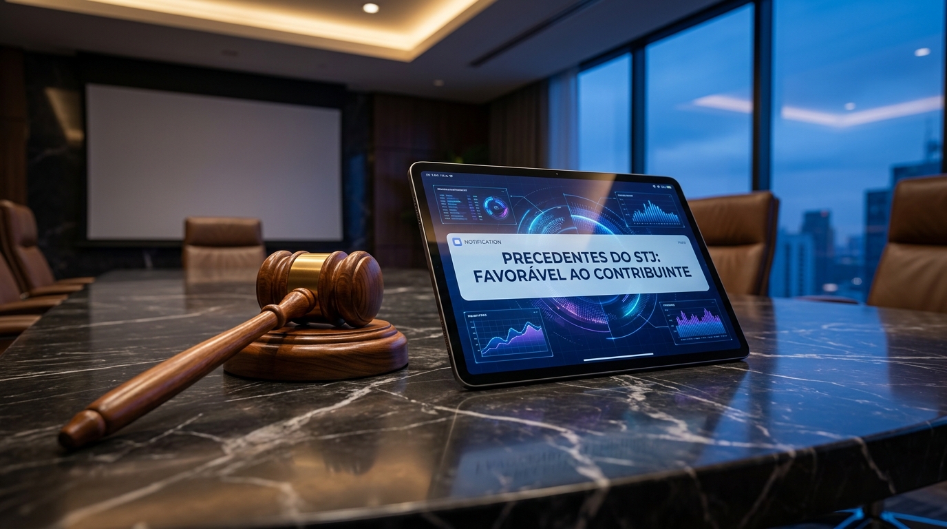 Tablet exibindo tela de precedentes favoráveis do STJ ao contribuinte, posicionado ao lado de um martelo de juiz.