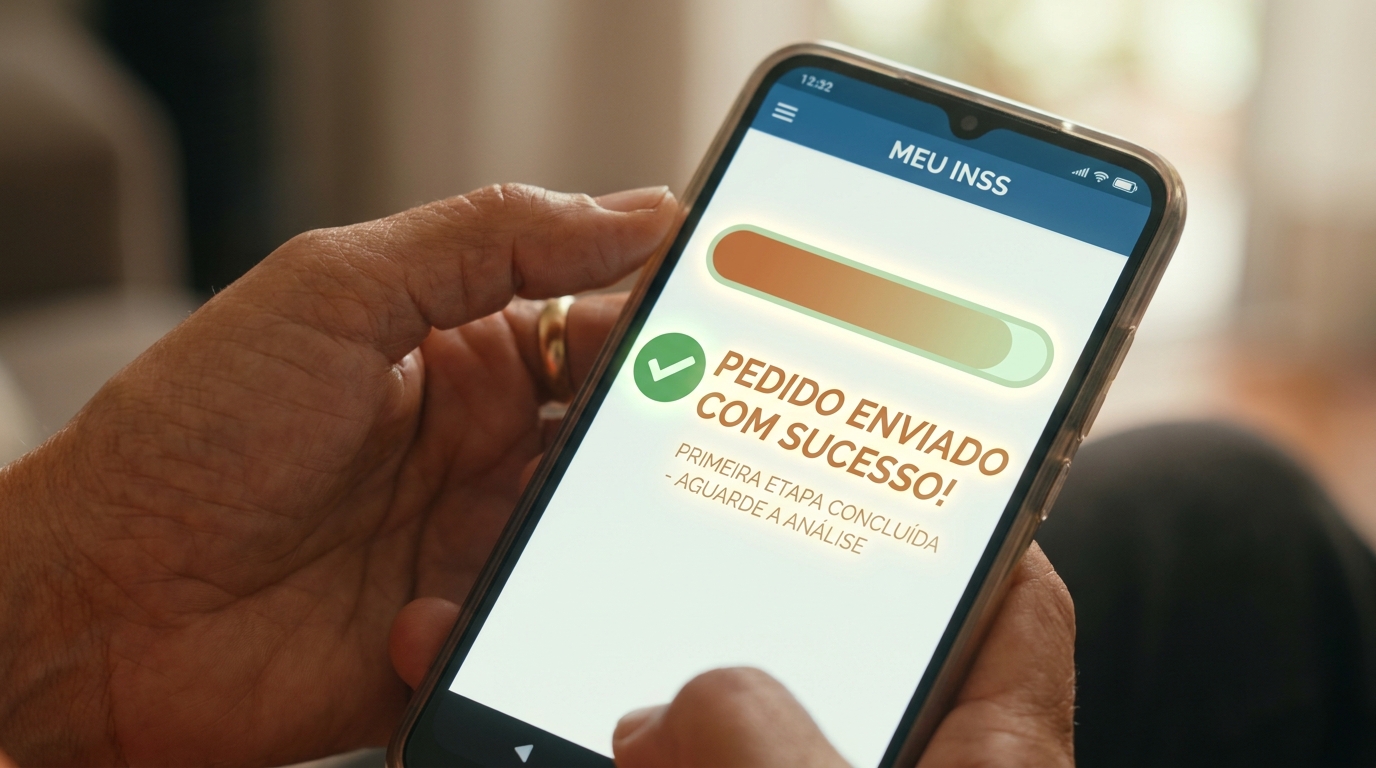 Pedido digital de salário-maternidade sendo confirmado com sucesso pelo aplicativo no celular da mãe.
