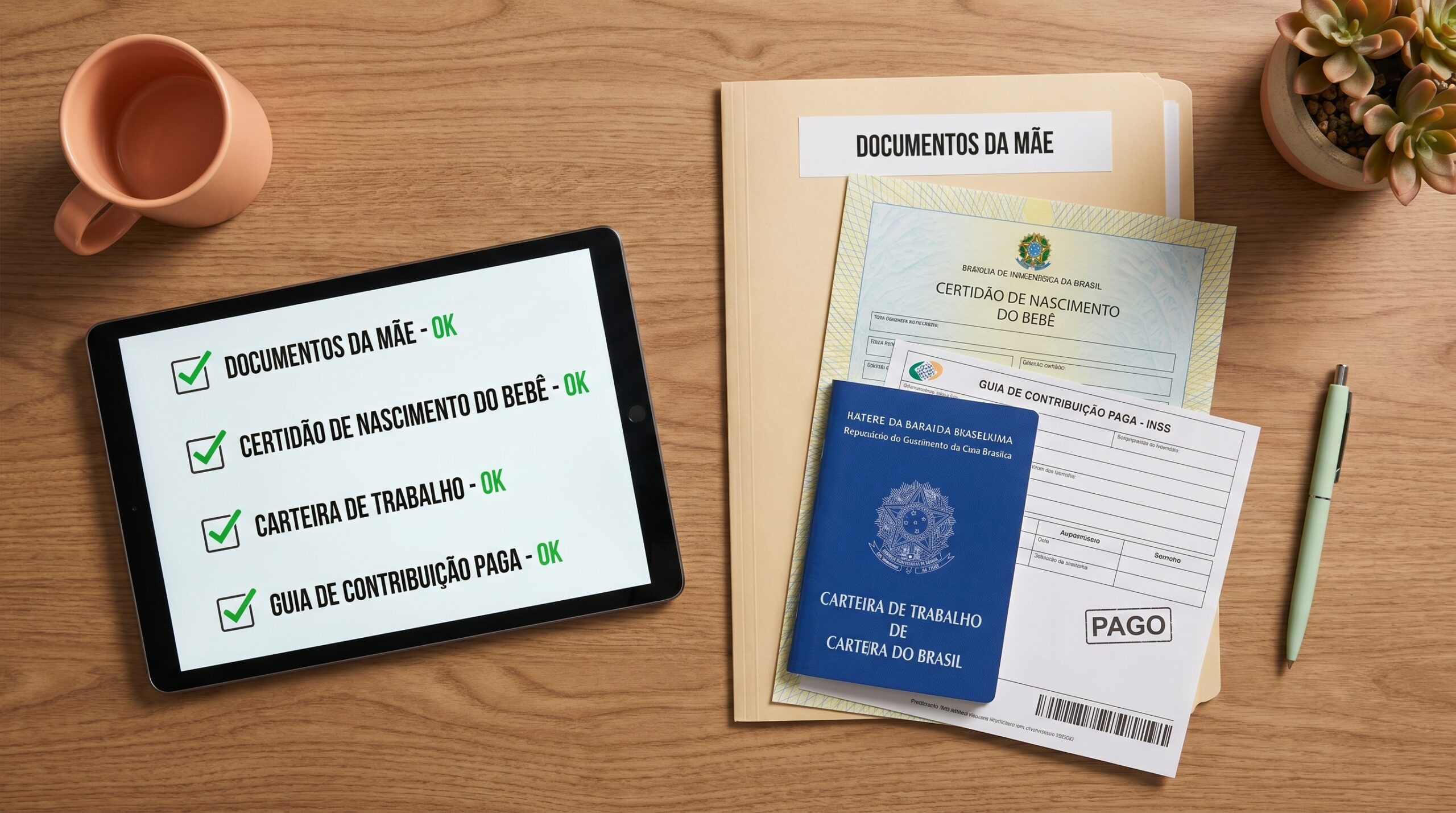 Documentos organizados sobre uma mesa de madeira, como certidão de nascimento e carteira de trabalho, prontos para o INSS.
