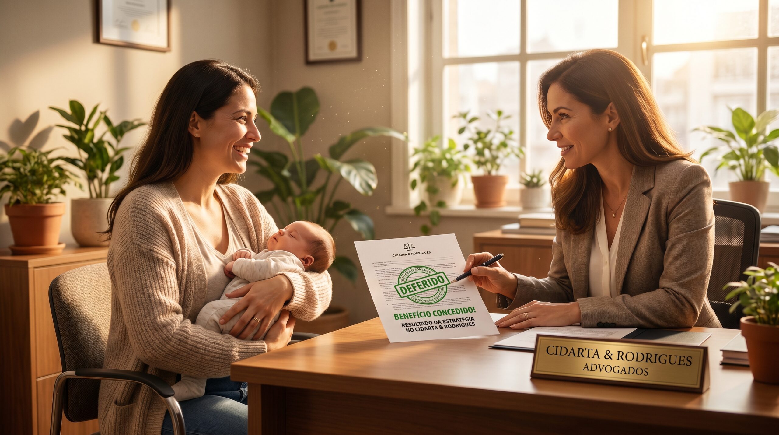 Advogada especialista comemorando a aprovação do benefício com uma mãe aliviada em um escritório acolhedor.
