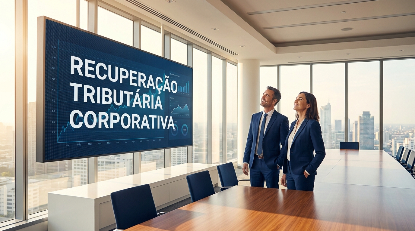 Dois executivos sorrindo com alívio ao verem o resultado de recuperação tributária corporativa projetado em um grande telão.