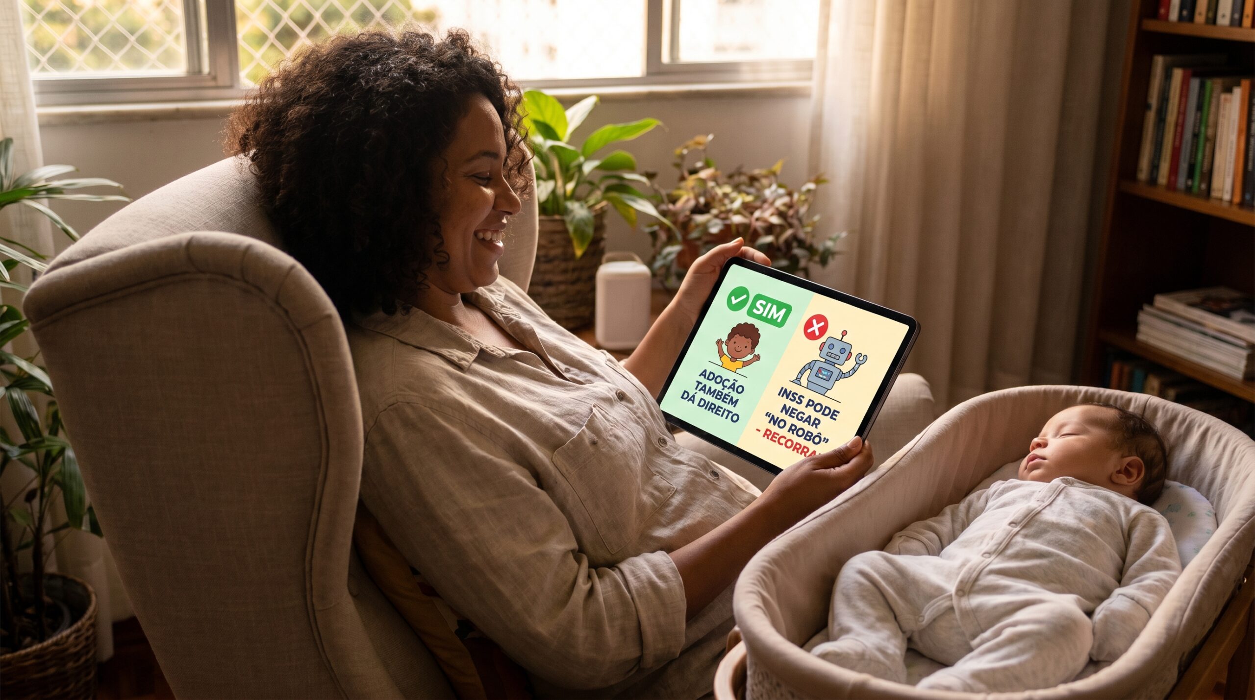 Mãe tirando dúvidas sobre o salário-maternidade no tablet enquanto seu bebê dorme tranquilamente ao lado.