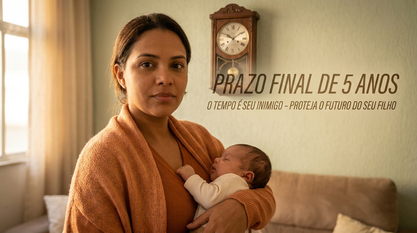 Mãe abraçando seu recém-nascido com proteção, ciente do prazo para garantir seus direitos previdenciários.