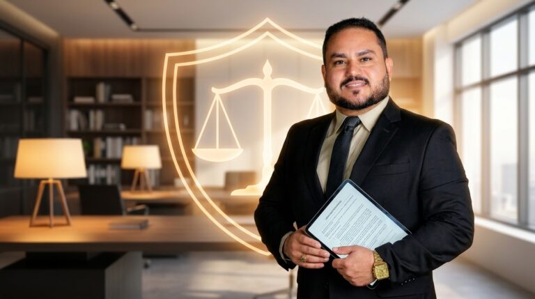 Advogado especialista segurando um tablet, com um escudo e a balança da justiça iluminados ao fundo, representando a defesa de servidores aposentados contra confiscos ilegais.