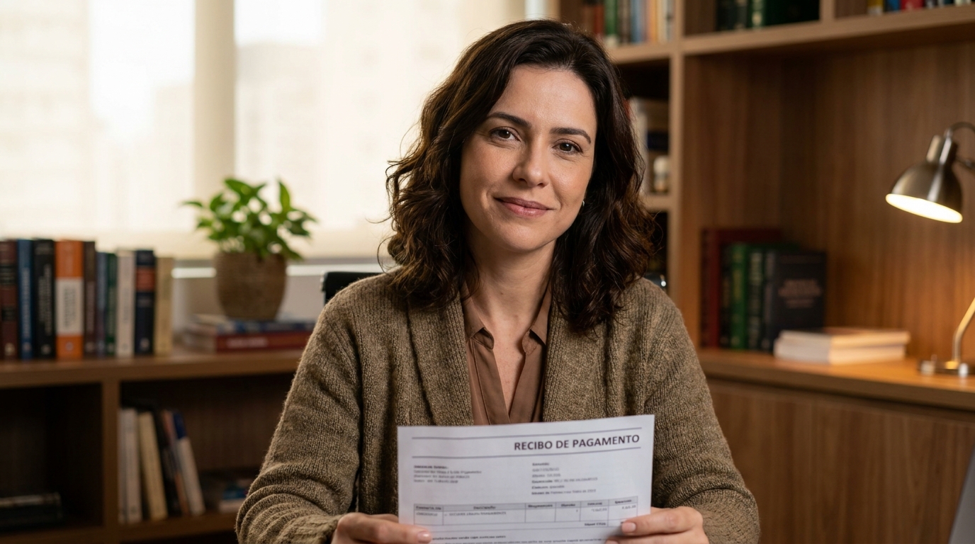 Advogada previdenciarista com expressão acolhedora sentada em seu escritório, segurando e analisando um contracheque para identificar descontos abusivos.