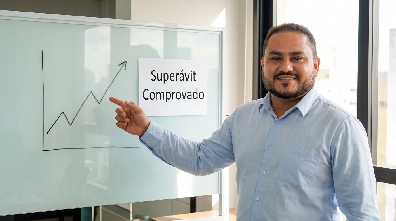 Advogado sorridente apontando para um gráfico de crescimento em um quadro branco com a frase "Superávit Comprovado", demonstrando que o instituto de previdência possui saldo positivo.