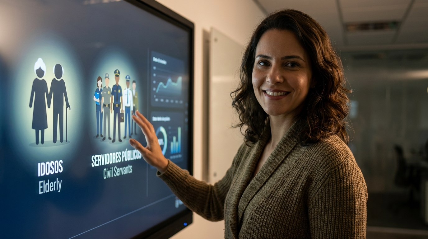 Advogada apontando para um painel digital com ícones interativos representando idosos e servidores públicos, ilustrando os diferentes perfis afetados.