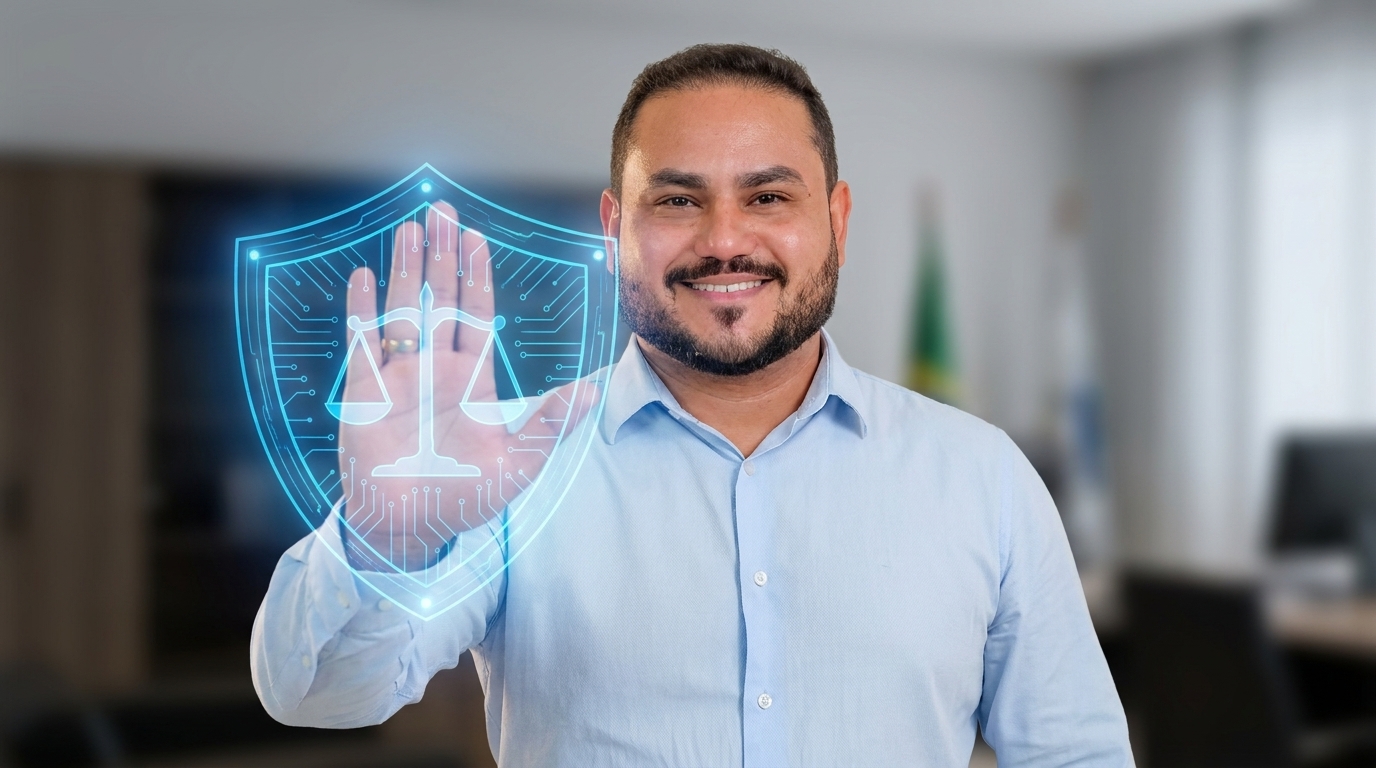 Advogado com a mão direita espalmada para frente e um escudo digital azul holográfico sobreposto, simbolizando a proteção financeira do servidor inativo.