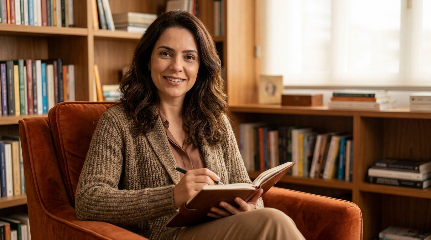 Advogada sentada confortavelmente em uma poltrona laranja em um ambiente acolhedor, segurando um caderno e sorrindo de forma empática para responder dúvidas.