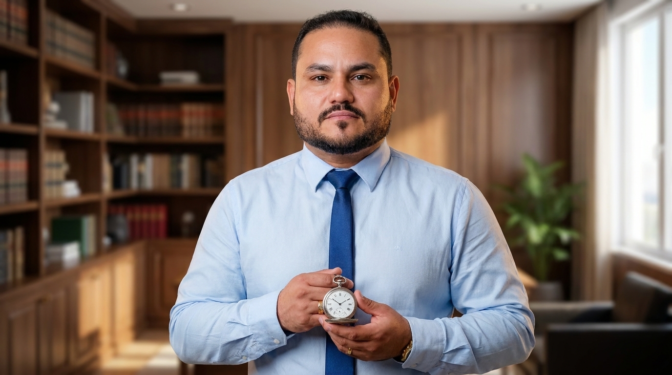 Advogado com expressão séria segurando um relógio de bolso clássico voltado para a câmera, alertando sobre a urgência do prazo prescricional para recuperar o dinheiro.