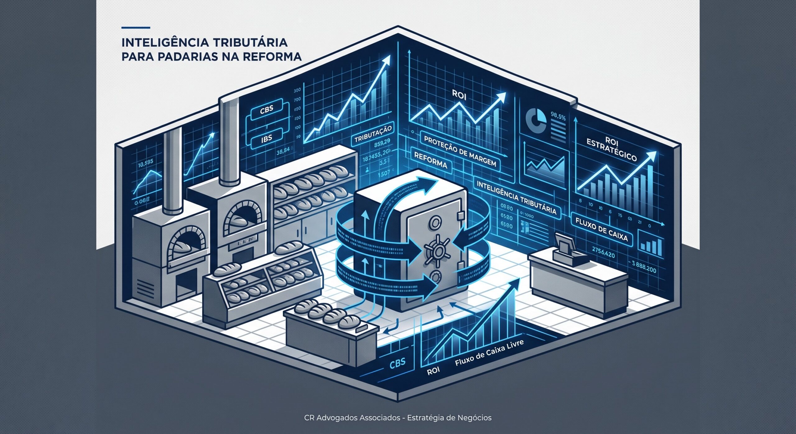Ilustração conceitual de uma padaria tradicional onde fornos e prateleiras se misturam a painéis digitais luminosos com gráficos de crescimento e cofres de segurança, em estilo minimalista corporativo.