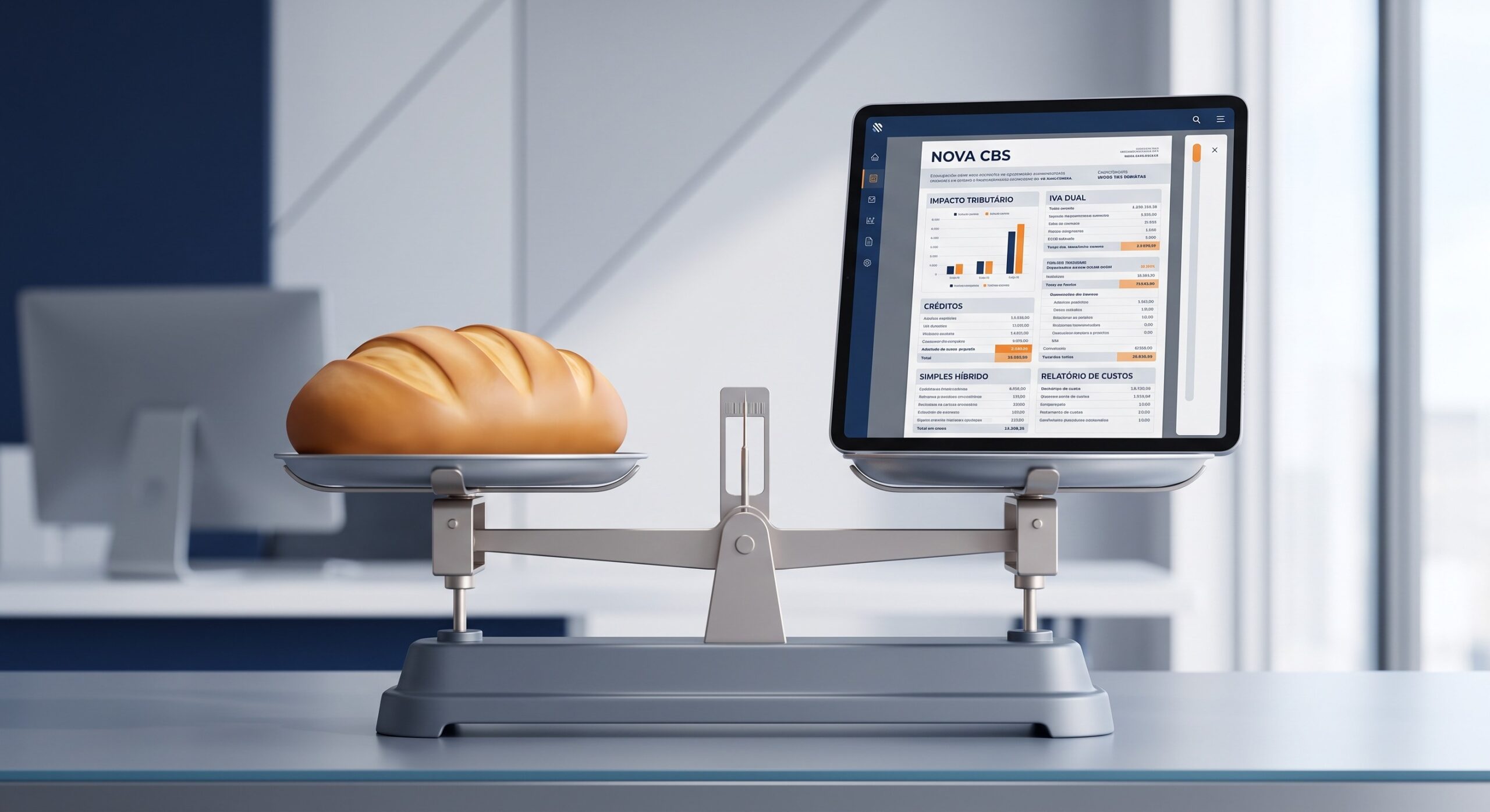 Renderização 3D de uma balança de precisão pesando um pão rústico de um lado e um tablet com um documento fiscal do outro, inserida em um ambiente de escritório limpo e profissional.