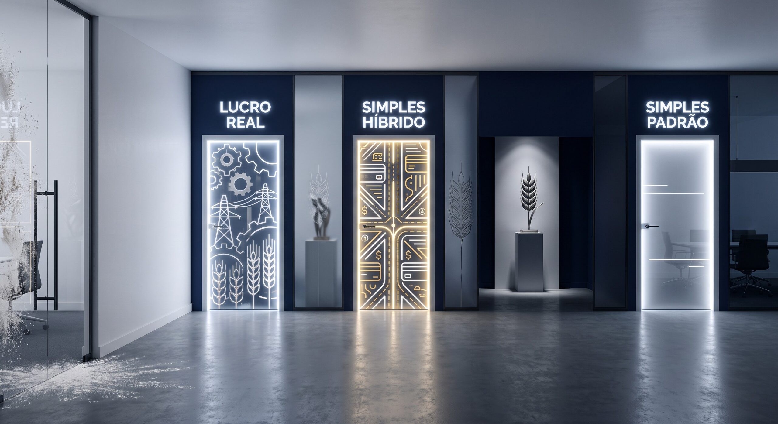 Três portas digitais luminosas alinhadas em um corredor de escritório moderno, cada uma representando um regime tributário diferente, com detalhes gráficos sutis em formato de ramos de trigo.