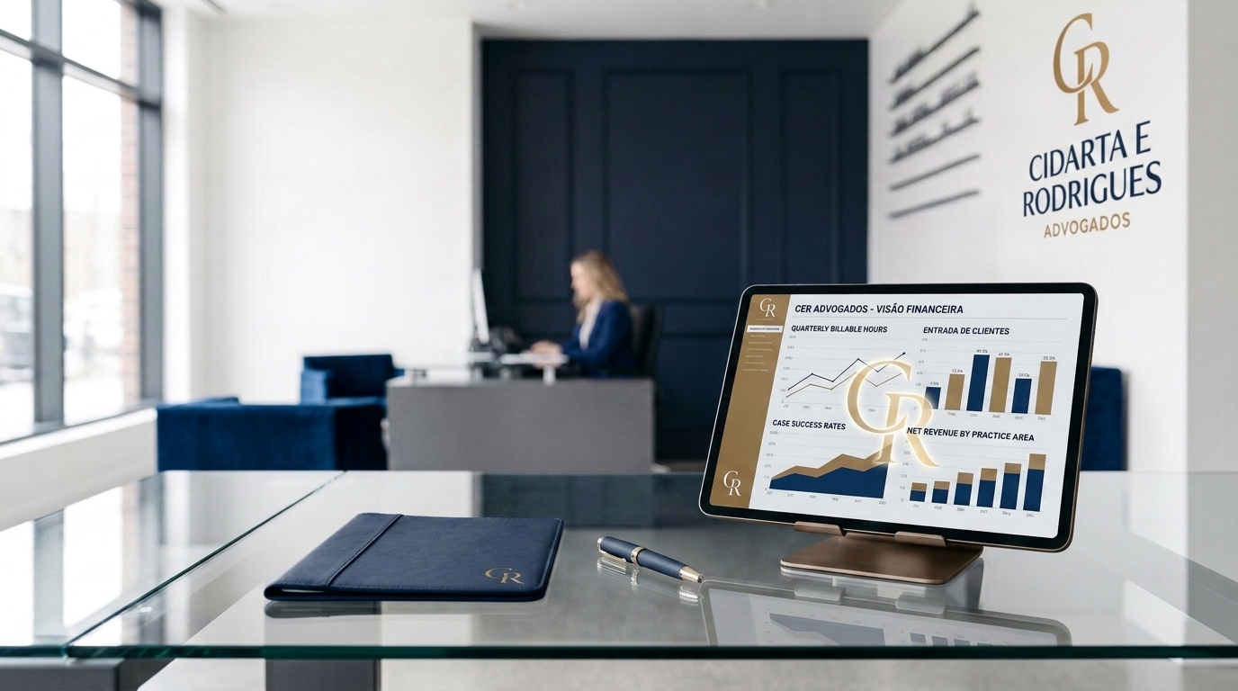 Mesa de vidro elegante em um escritório de advocacia moderno com um tablet exibindo relatórios de business intelligence e um símbolo luminoso de trigo corporativo.