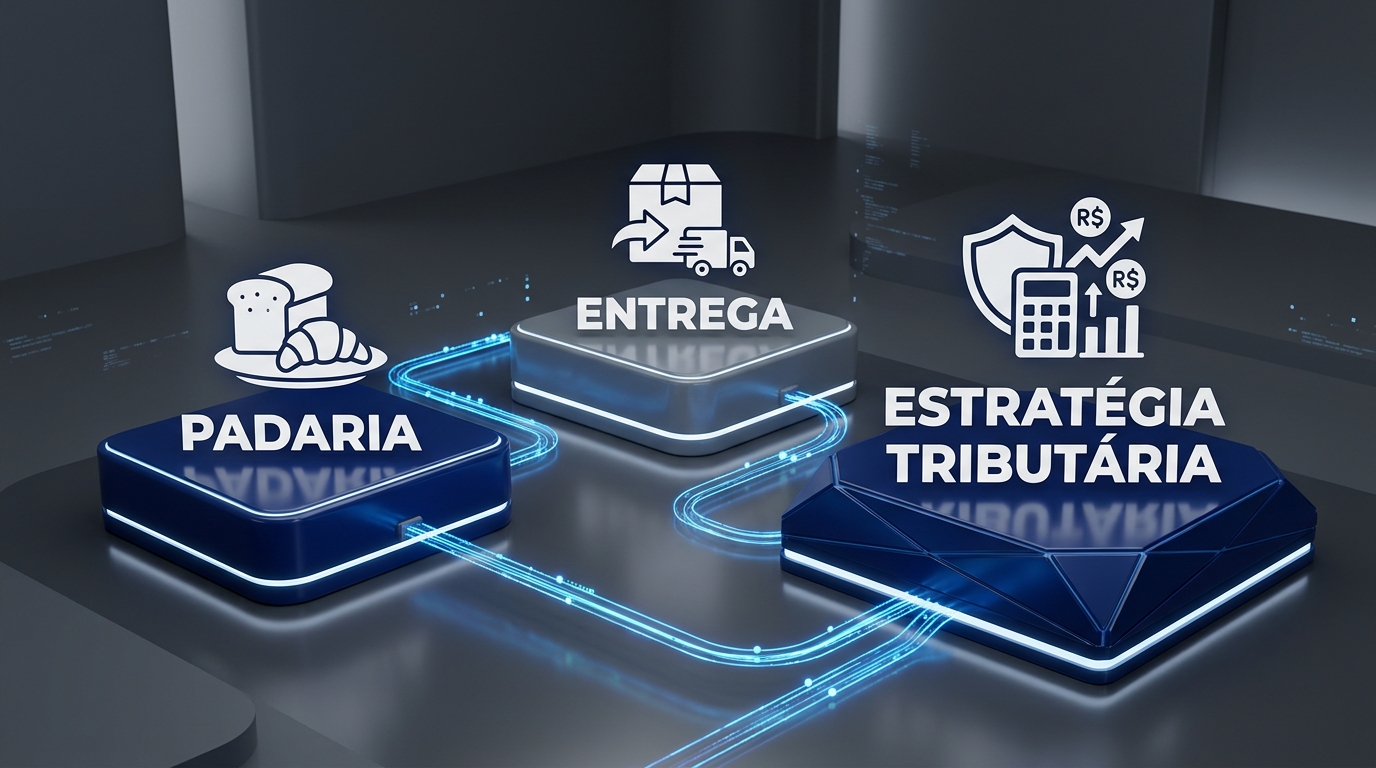 Arte 3D mostrando um copo de café, um pacote de delivery e um prédio corporativo interligados por linhas digitais luminosas que representam fluxo de dados fiscais.