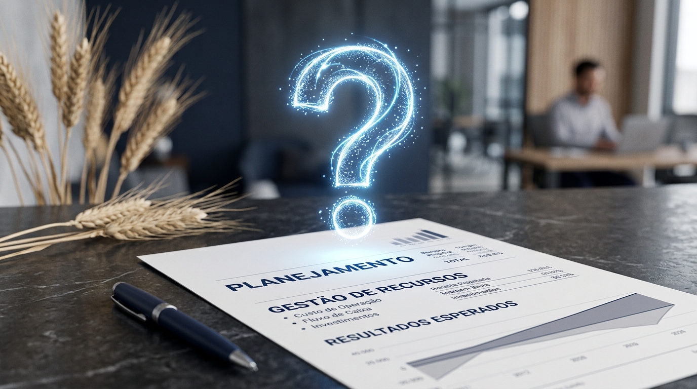 Um ponto de interrogação digital moderno e luminoso pairando sobre um relatório financeiro de alta precisão, com um fundo corporativo sutil em azul marinho.